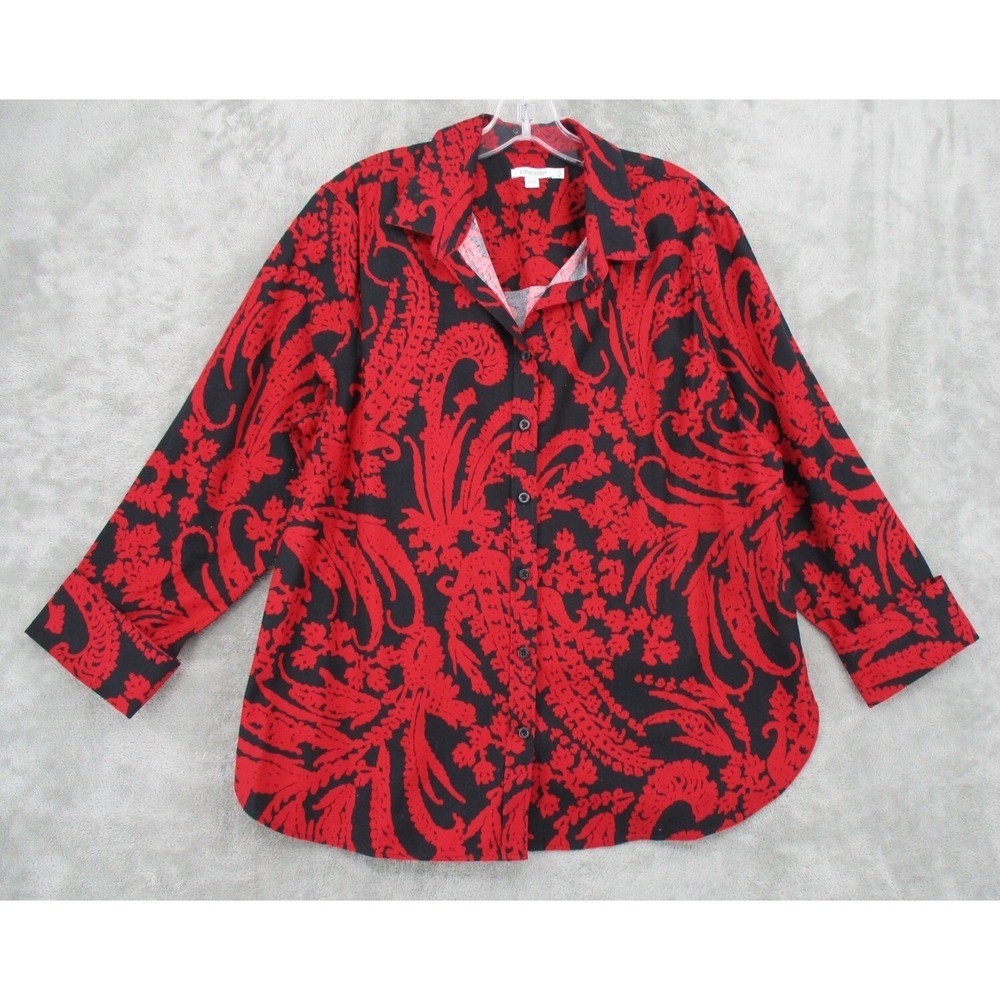 Chicos Top Womens Size 3 XL Button Front Stretch Floral Career Lightweight Red
